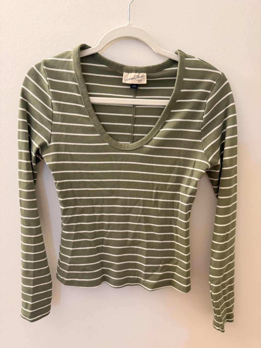 Universal Thread Olive Green & White Striped Scoop Neck Long Sleeve Top